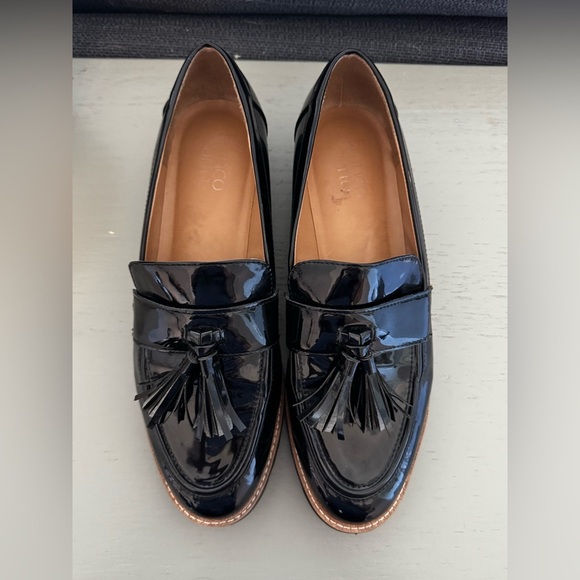Franco Sarto Carolynn Tassel Loafer Black Patent Leather Lug Sole Slip On Sz 9M - Picture 5 of 10